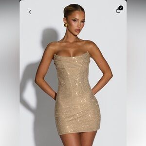 Babyboo Mirabella gold/nude rhinestone dress size M, NWT with extra rhinestones!